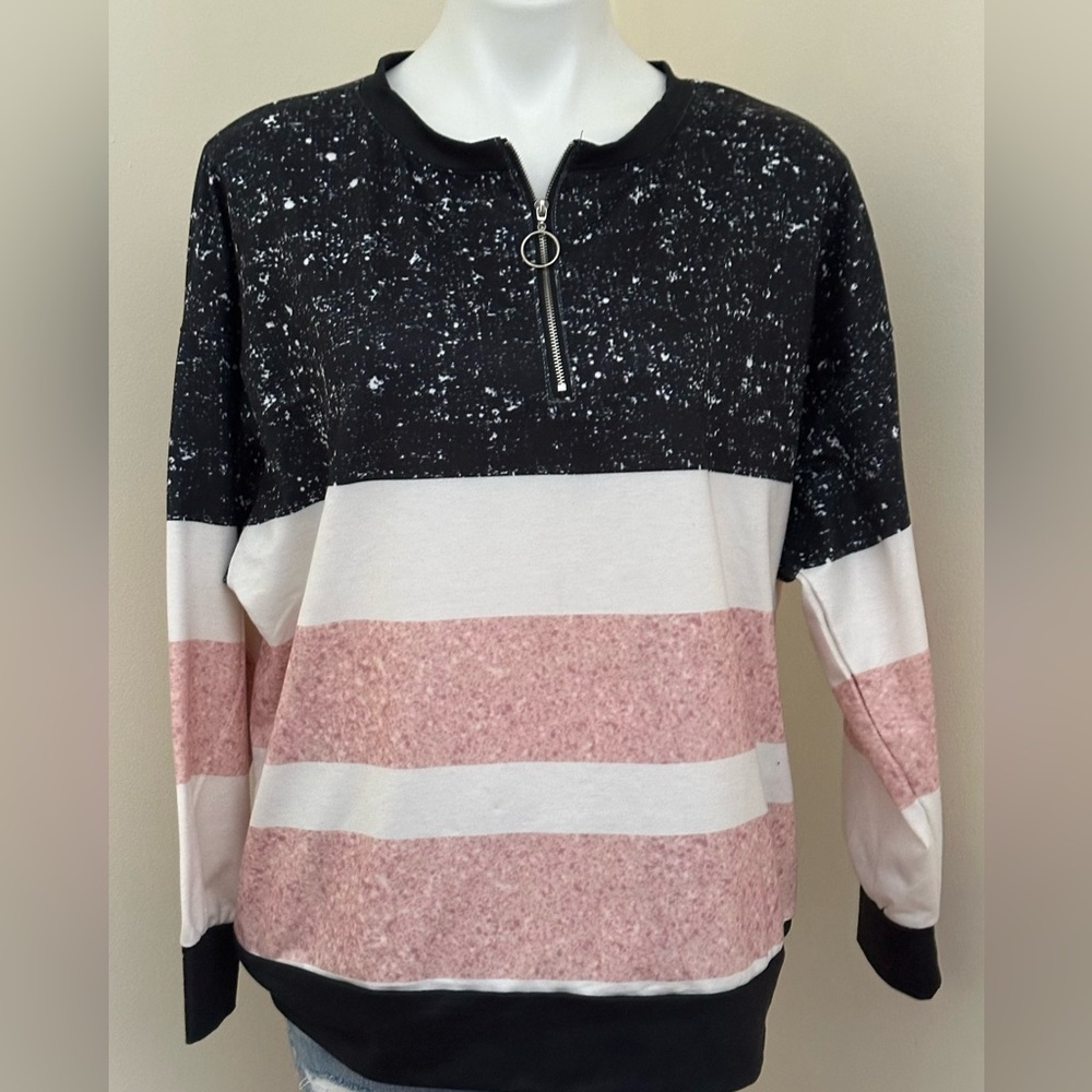 ROSEWE Black Pink & White Striped Pullover Sweatshirt Sz XL